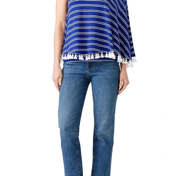 🏝️EUC - Trina Turk Pomona Top Women size XL - One shoulder Tassels Blue White - Picture 6 of 10